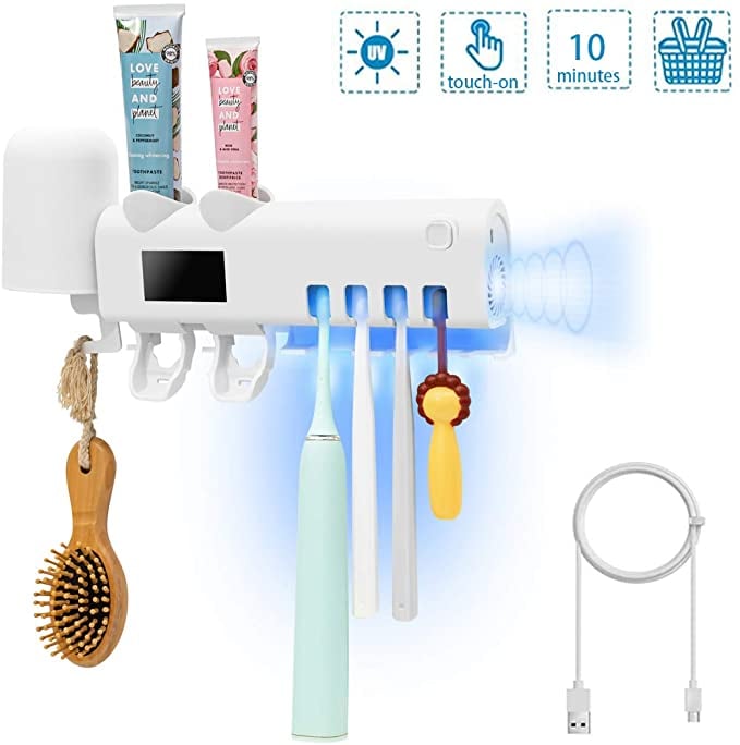 SHUKAN Toothbrush Holder with 2 Toothpaste Dispensers UV Sanitizers