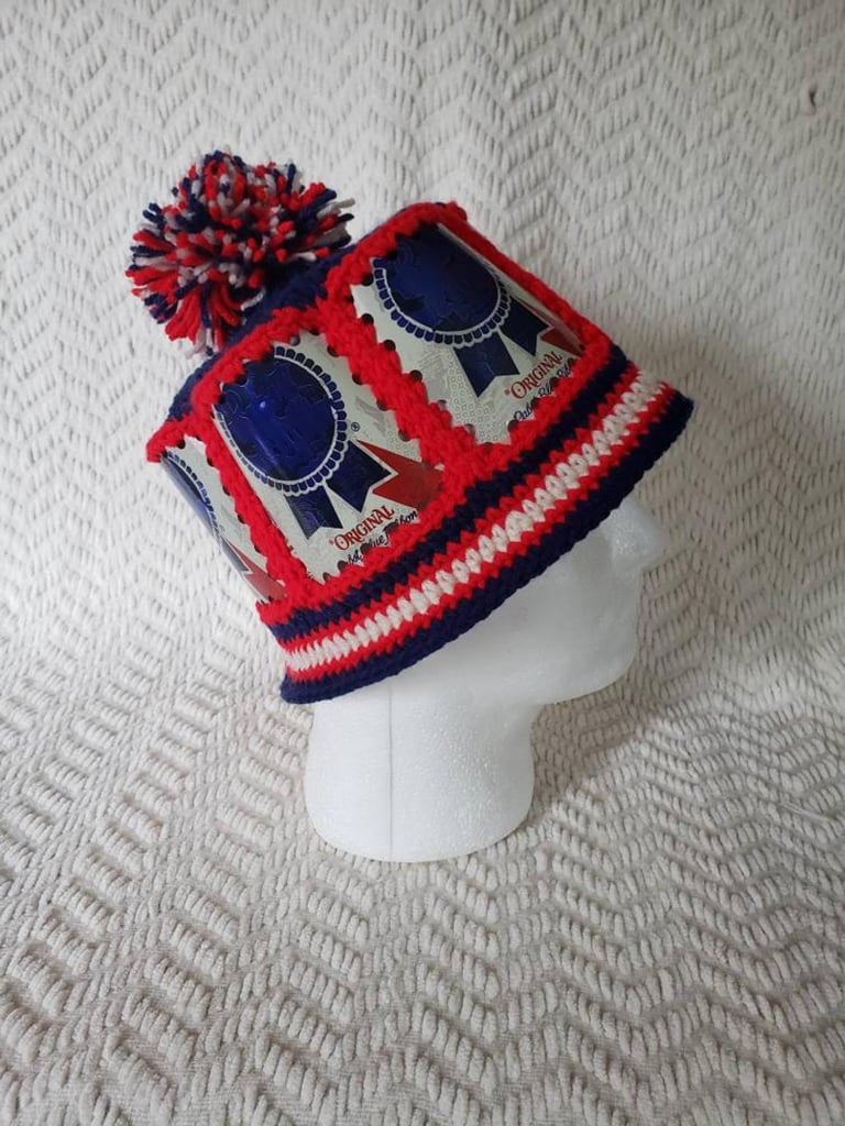 Pabst Blue Ribbon Handmade Crochet Beer Can Hat