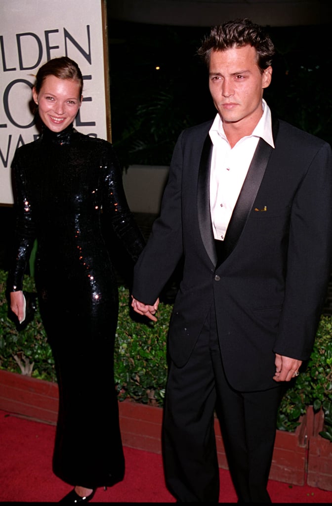 Wearing an all-over sequin column dress to the Golden Globes in 1995, with Johnny Depp.