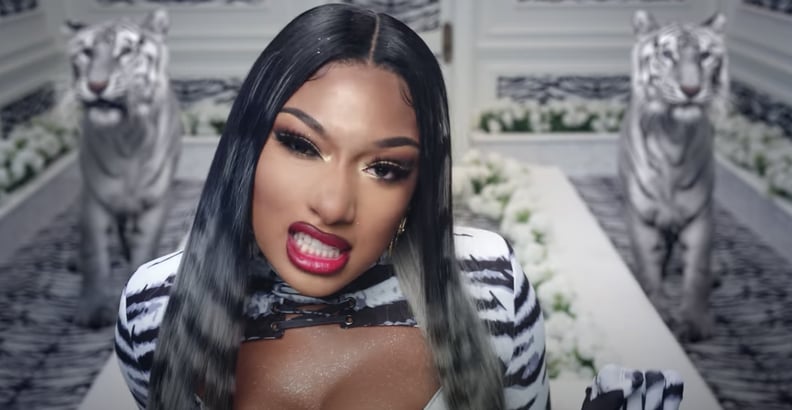 Megan Thee Stallion's White Tiger Extensions and Scarlet Red Lipstick