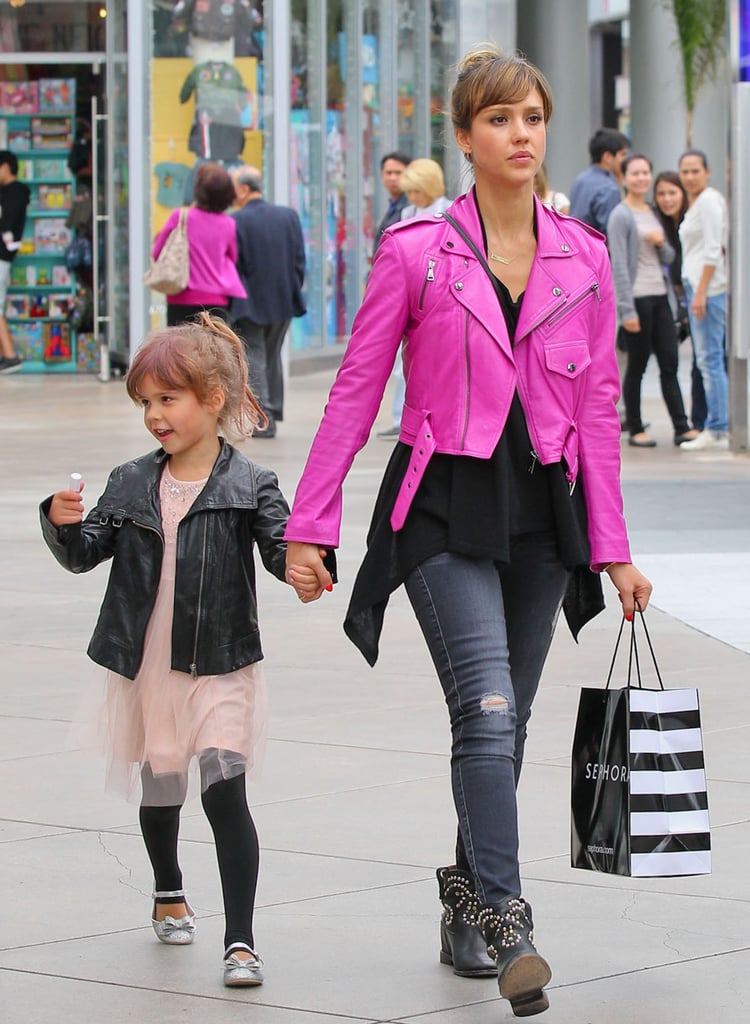 It was all about a hot-pink leather biker jacket and distressed 7 For All Mankind jeans for Jessica Alba while indulging in some retail therapy with Honor in 2013.
Where to Wear: Trivia night with the besties.