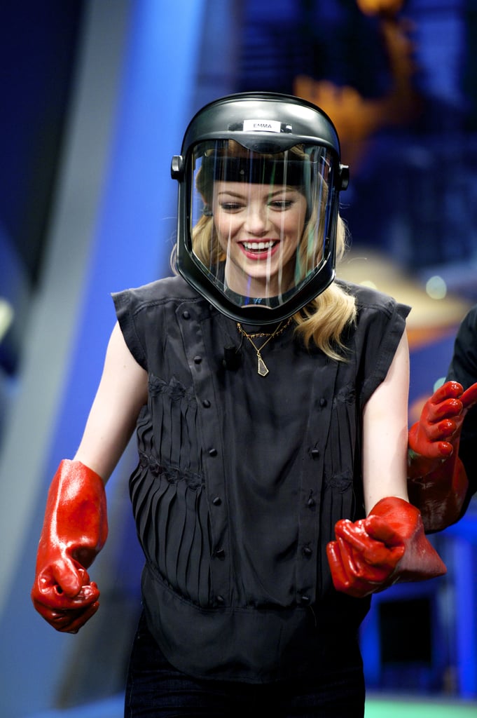 Emma Stone donned boxing gloves and a face shield while making a silly appearance on Spanish TV show El Homiguero in July 2012.
Emma Stone donned boxing gloves and a face shield while making a silly appearance on Spanish TV show El Homiguero in July 2012.