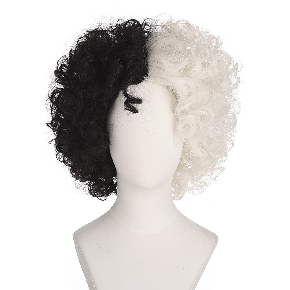 Short Curly Black and White Cruella Cosplay Wig