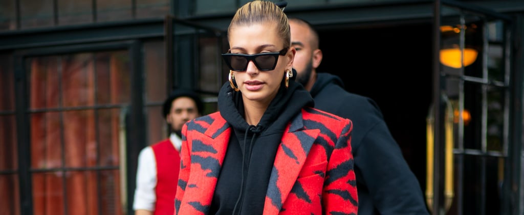 Hailey Baldwin Red Animal Print Blazer and Black Hoodie