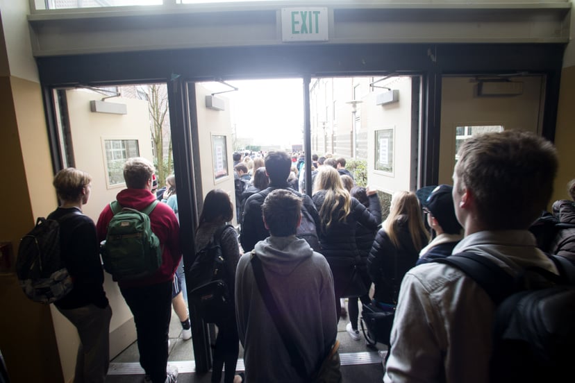 SEATTLE, WA - MARCH 14: Students at Ballard High School participate in a walkout to address school safety and gun violence on March 14, 2018 in Seattle, Washington. Students across the nation walked out of their classrooms for 17 minutes to show solidarit