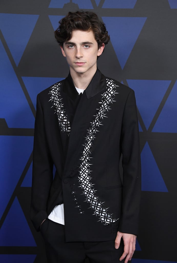 Timothée wore an unconventional, stand-up collar Haider Ackermann blazer to the Governors Awards in 2018.
