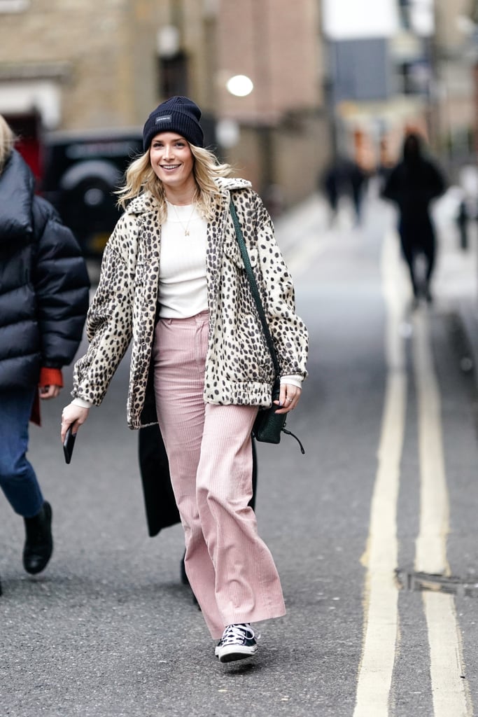 Style Your Leopard-Print Coat With: A Tee, Coloured Pants, Sneakers, and a Beanie