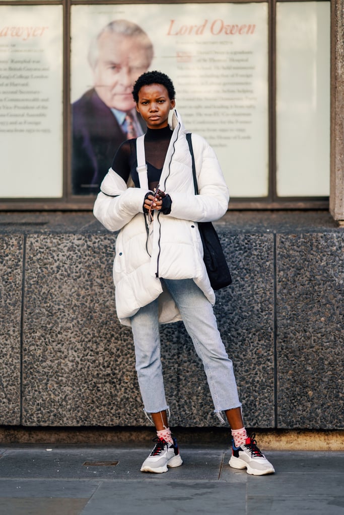 Casual and Cool in Frayed Hems, Trainers, and a Puffer