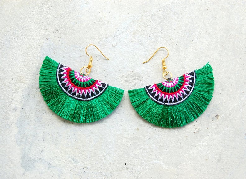 Green Embroidered Tassel Earrings