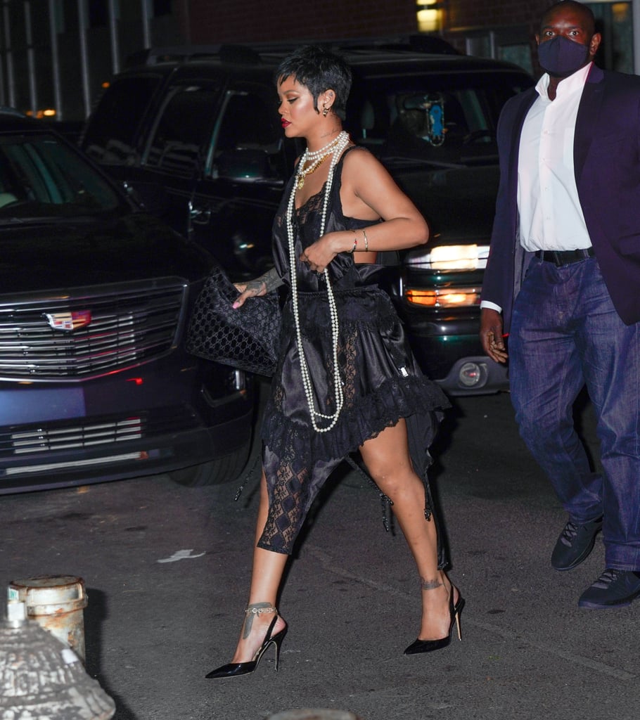 Rihanna Wears Black Lace Slip Dress For Dinner in NYC