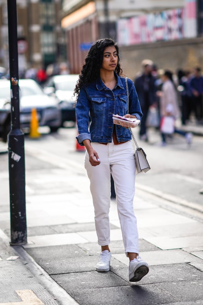 With a Blue Denim Jacket and White Sneakers | How to Wear White Jeans ...