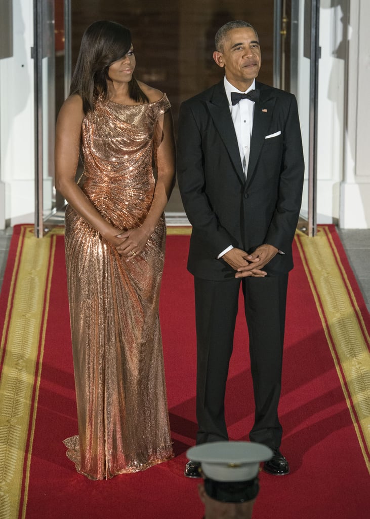 Wearing Versace at her final state dinner in 2016.