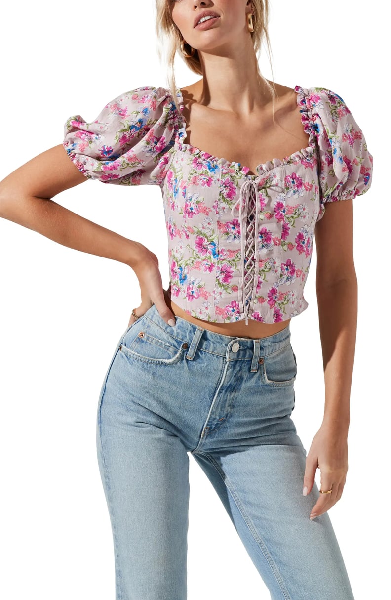 A Floral Top: ASTR the Label Lace-Up Floral Puff Sleeve Crop Top