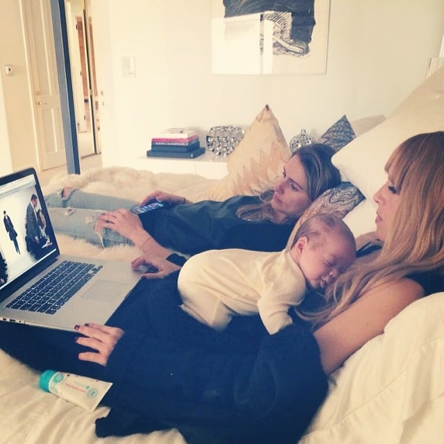 Rachel Zoe shared an adorable photo of herself streaming a fashion show online with her newborn son, Kaius Jagger, sleeping on her chest.
Source: Instagram user rachelzoe