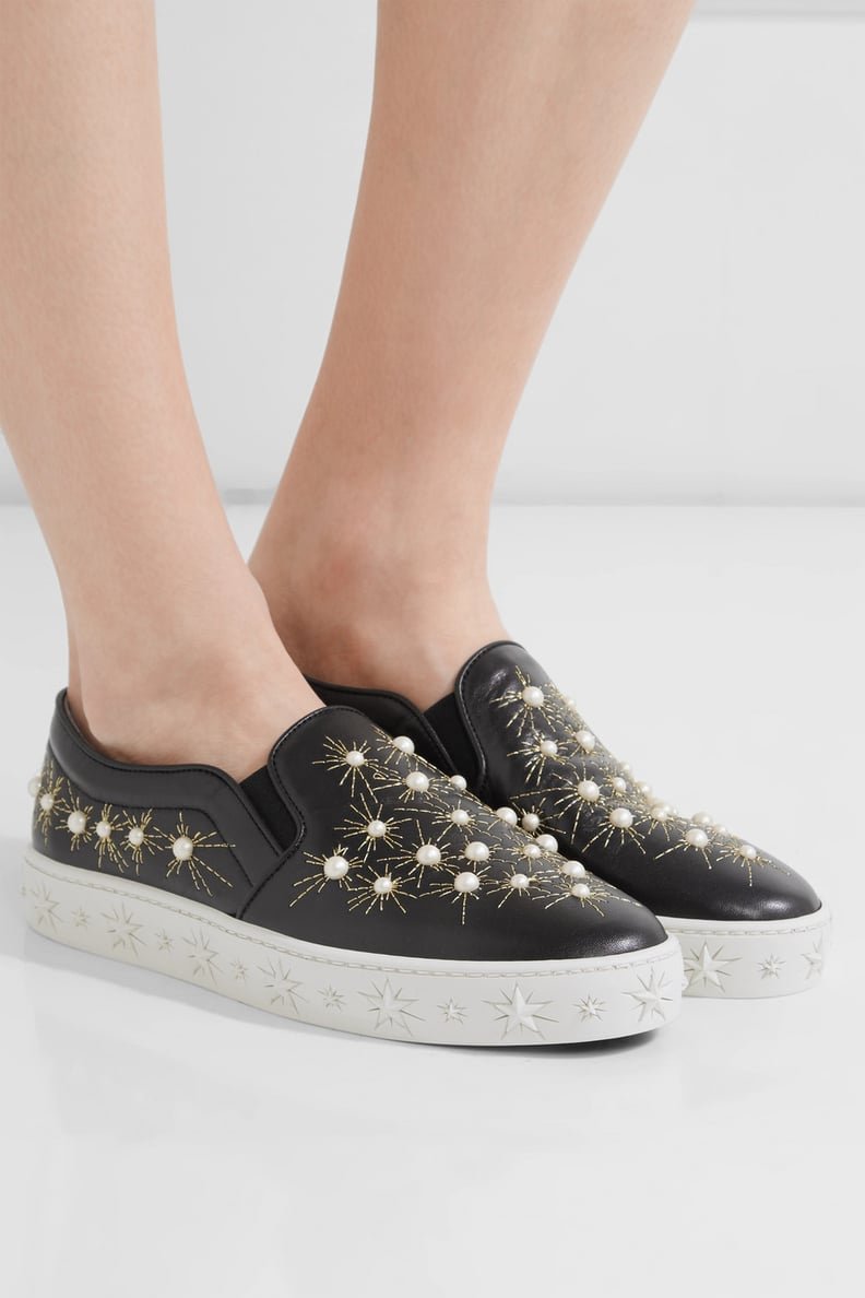 Aquazzura Cosmic Embellished Embroidered Leather Slip-On Sneakers