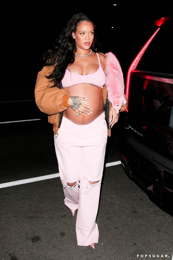 Rihanna Wearing a Pink Bottega Veneta Bra Top and Vetements Jeans