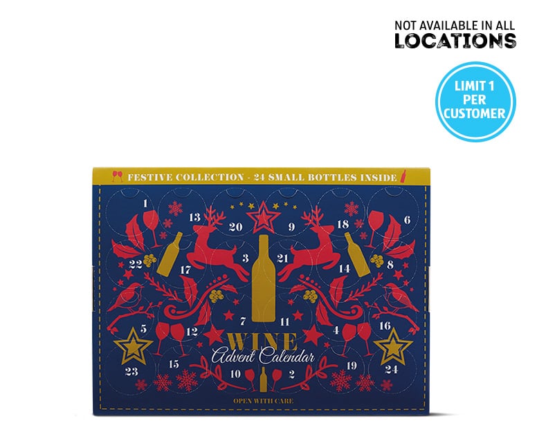 The front of the box features 24 windows of "wine joy" to pop open.