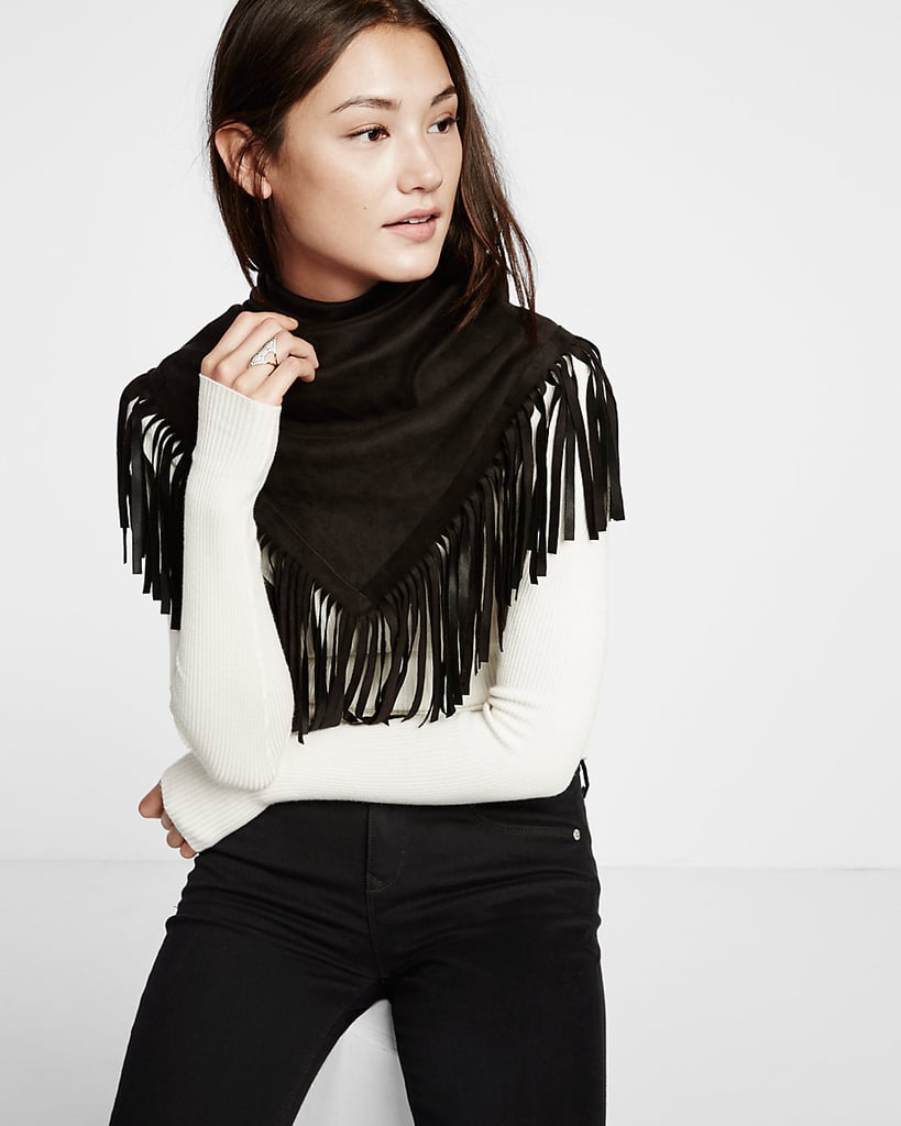 Express Black Faux Suede Fringe Trim Triangle Wrap ($40)
