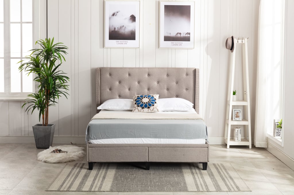 Reinaldo Studded Winged Upholstered Storage Platform Bed