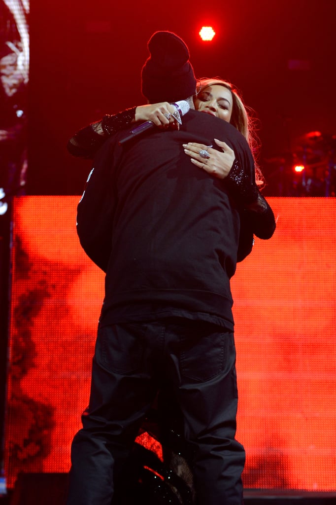 The couple shared a hug on stage while performing at the DirecTV Super Bowl preparty in February 2014.