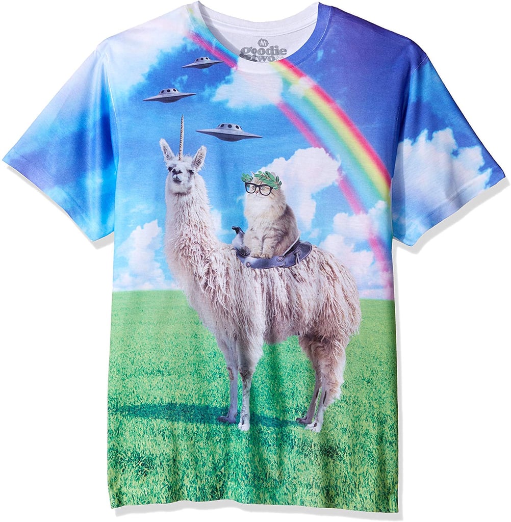Goodie Two Sleeves Humor Cat Rides Llamacorn Adult T-Shirt