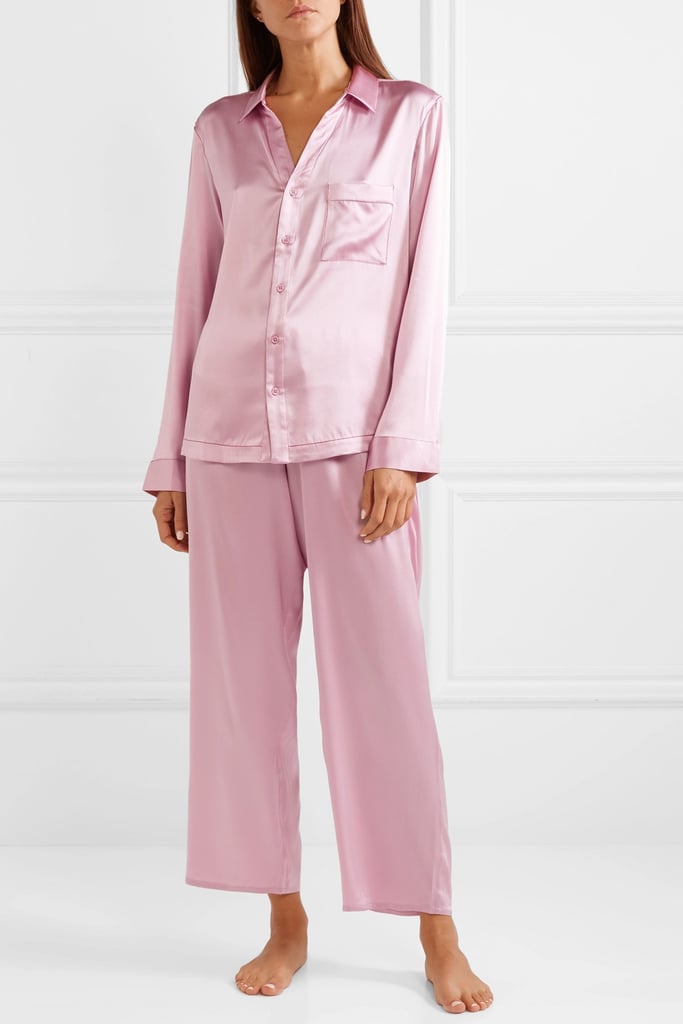 pink and white striped silk pajamas