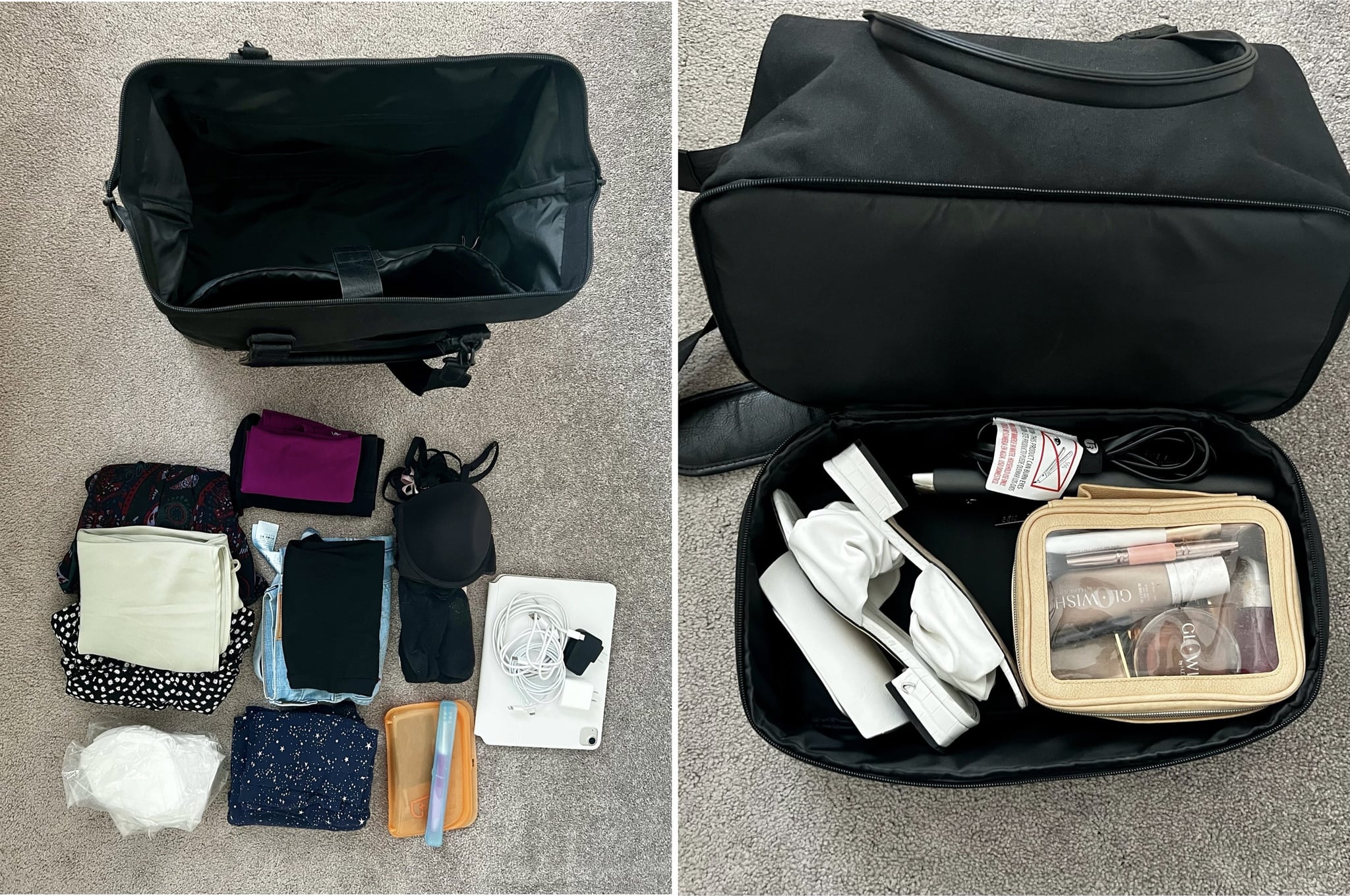 Left image: the Béis Mini Weekender top portion open with clothing, toiletries, and other packing necessities on the ground. Right image: the Béis Mini Weekender bottom portion open with shoes, toiletries, and hair tools in the shoe compartment.