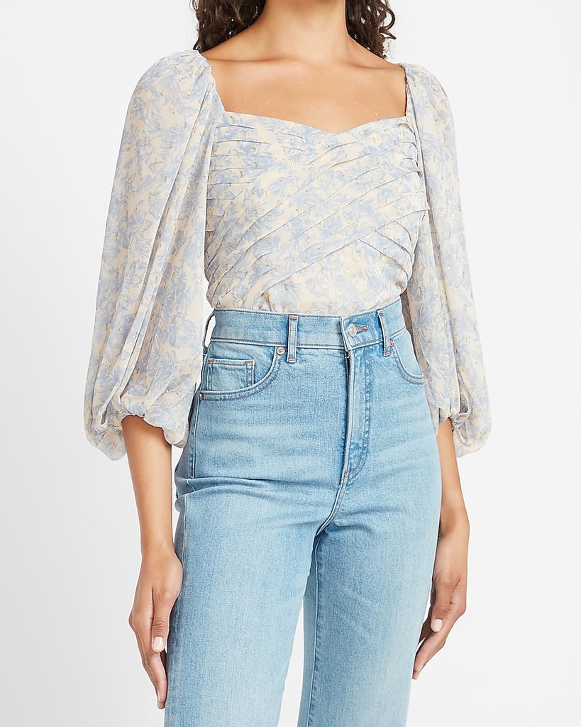 Express Metallic Floral Pleated Balloon Sleeve Top