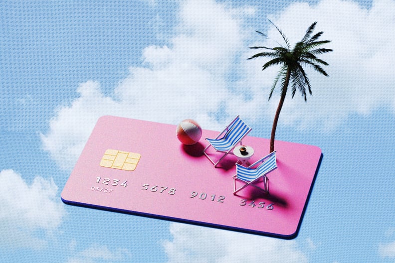 a conceptual photo of a palm tree and beach chairs atop a credit card
