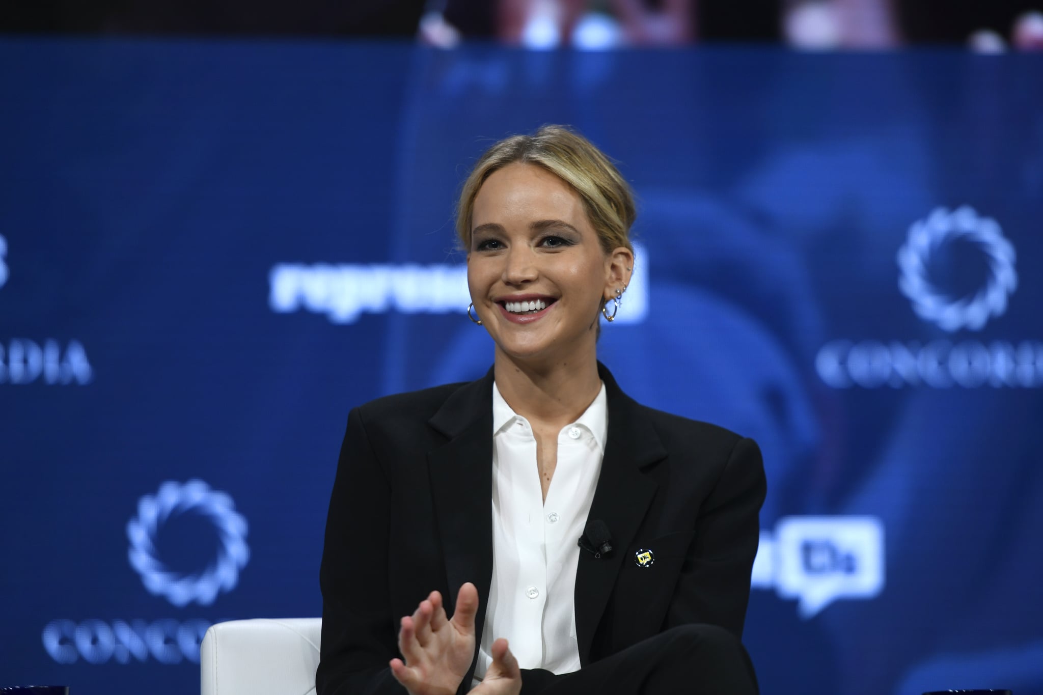 NEW YORK, NY - SEPTEMBER 25:  Actor and Board Member of RepresentUs Jennifer Lawrence speaks onstage during the 2018 Concordia Annual Summit - Day 2 at Grand Hyatt New York on September 25, 2018 in New York City.  (Photo by Riccardo Savi/Getty Images for Concordia Summit)