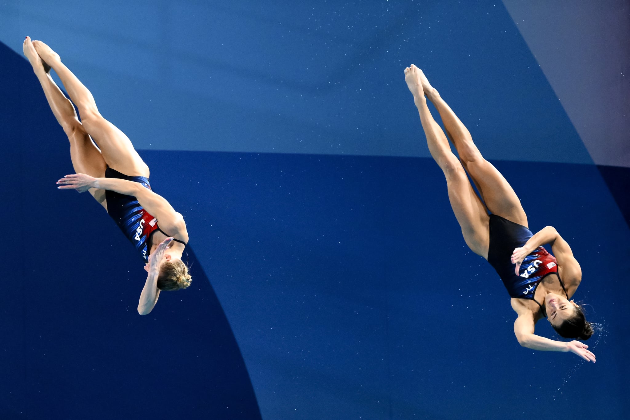 Sarah Bacon and Kassidy Cook of United States of America  compete in the 3m sincro springboard women final during the Paris 2024 Olympic Games at Aquatics Centre. Paris (France), July 27th, 2024. (Photo by DBM/Insidefoto/Mondadori Portfolio via Getty Images)