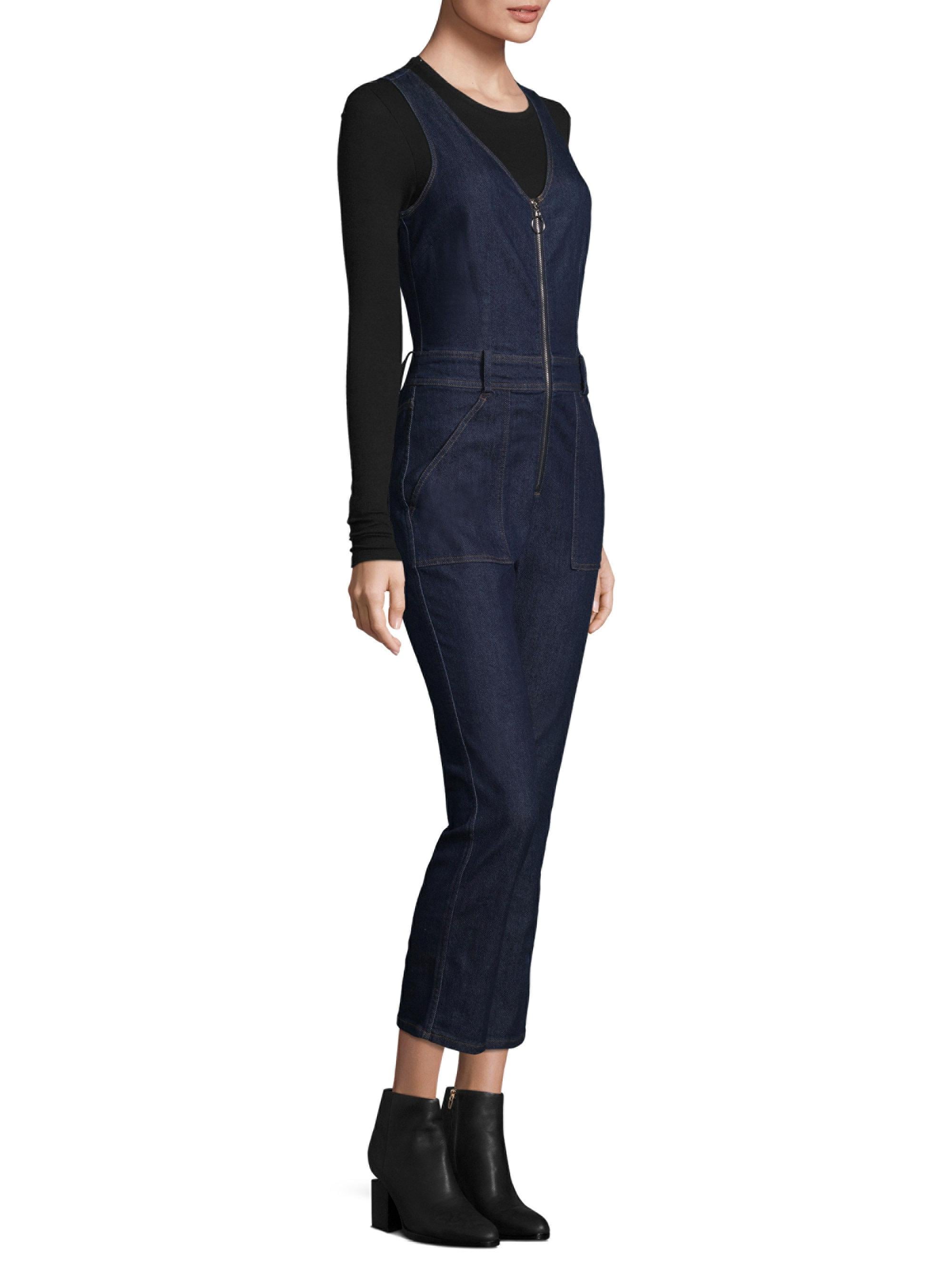 zip front denim overalls