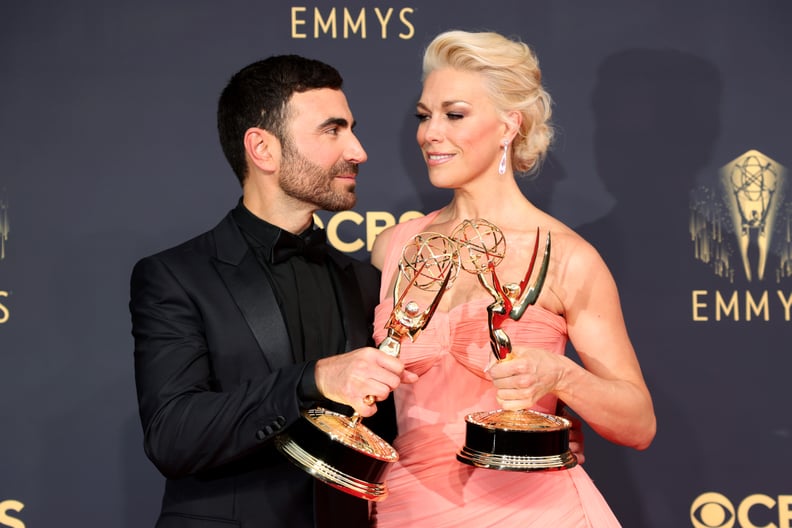 LOS ANGELES, CALIFORNIA - SEPTEMBER 19: (L-R) Brett Goldstein, winner of the Outstanding Supporting Actor in a Comedy Series award for 'Ted Lasso,' and Hannah Waddingham, winner of the Outstanding Supporting Actress in a Comedy Series award for 'Ted Lasso