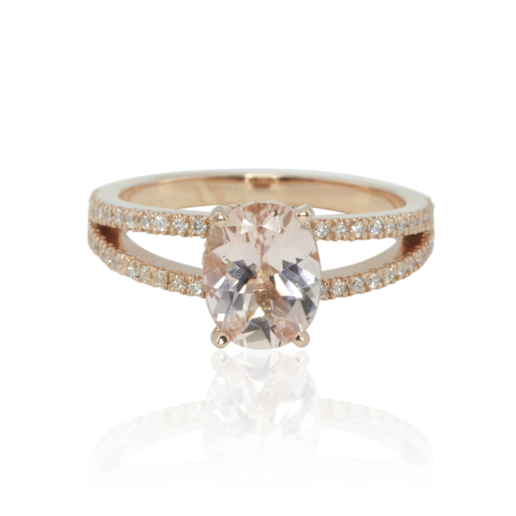 This morganite engagement ring features a split band with diamonds ($2,201) and oval center stone.