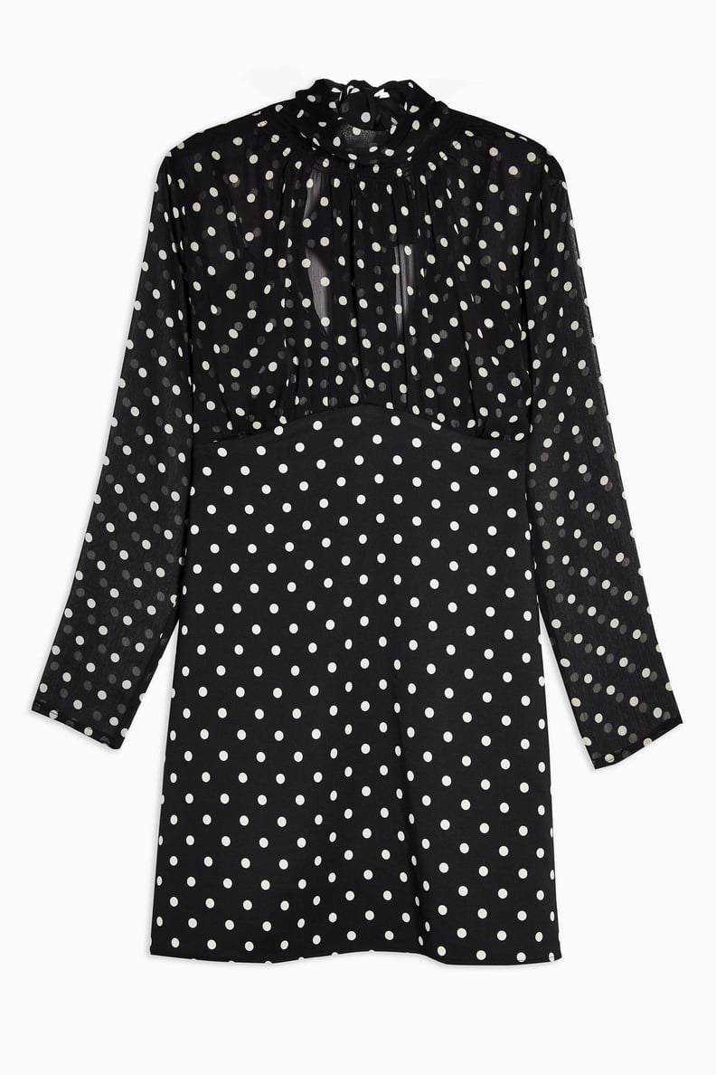 Topshop Black and White Shirred-Neck Spot Mini Dress