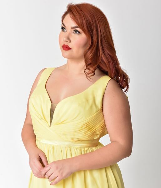 Curve Yellow Deep V-Neckline Sleeveless Chiffon Prom Gown