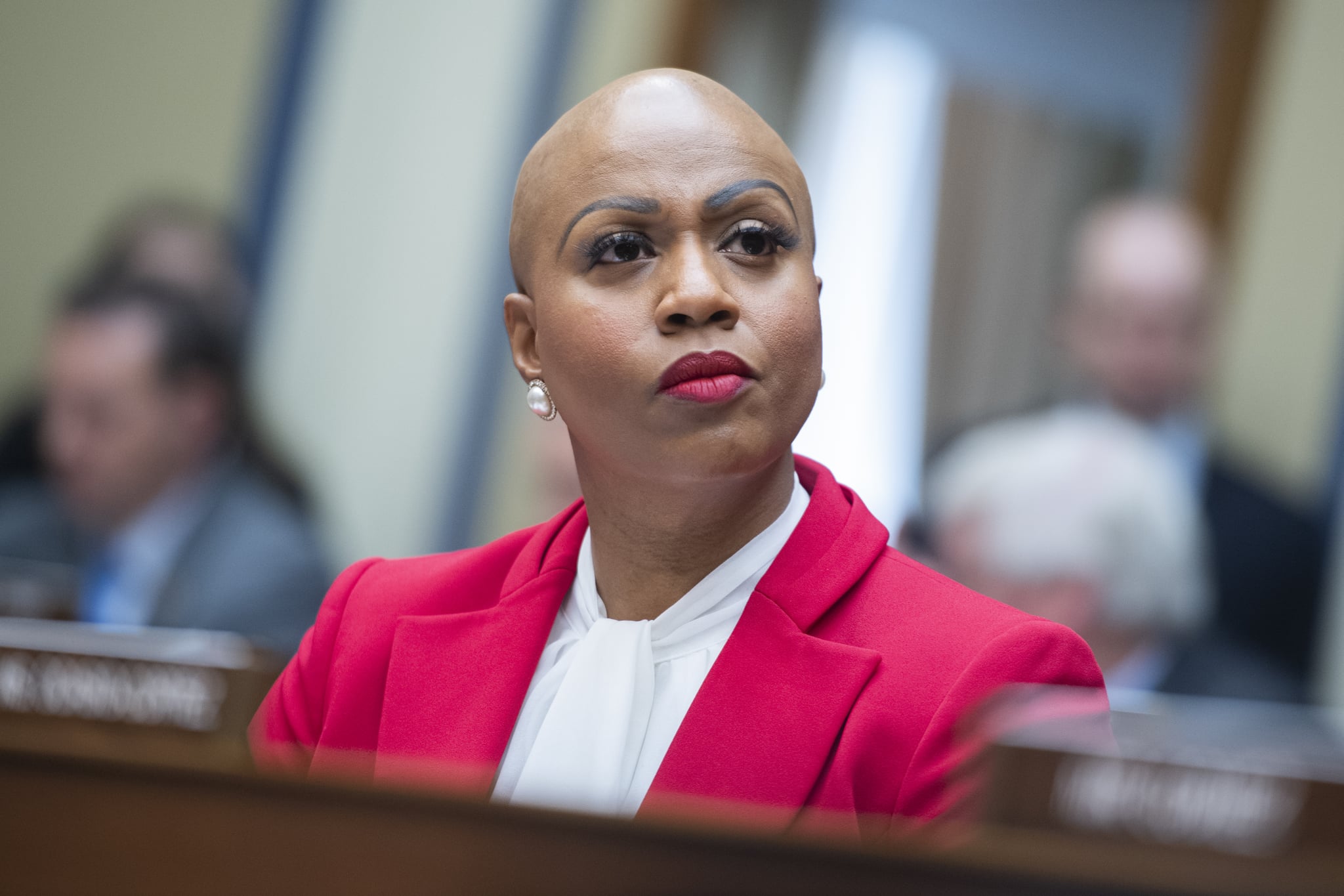 UNITED STATES - MARCH 11: Rep. Ayanna Pressley, D-Mass., attends the House Oversight and Reform Committee hearing on Coronavirus Preparedness and Response, in Rayburn Building on Wednesday, March 11, 2020. (Photo By Tom Williams/CQ-Roll Call, Inc via Getty Images)