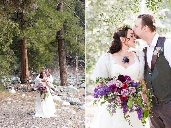 For an elegant big-day look, accessorize with a cascading bouquet and a faux fur shrug.