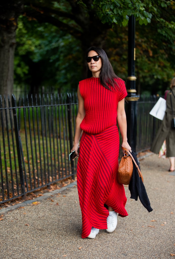 We love the fiery red on this easy knit set.