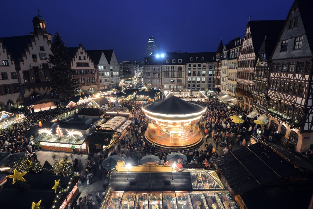 Frankfurt's Roemerberg square was lit up for the city's Christmas market.