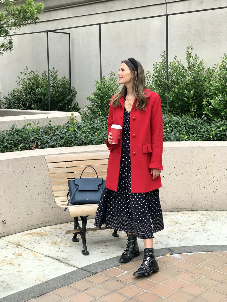 Red Wool Coat: Headed to Work in a Printed Dress and Combat Boots