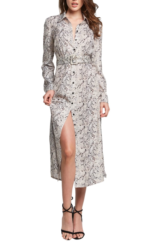 Bardot Snake-Print Long-Sleeve Belted Midi Shirtdress