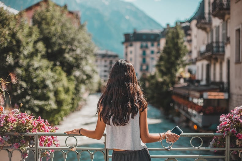 view of Chamonix-Mont Blanc village and French alps