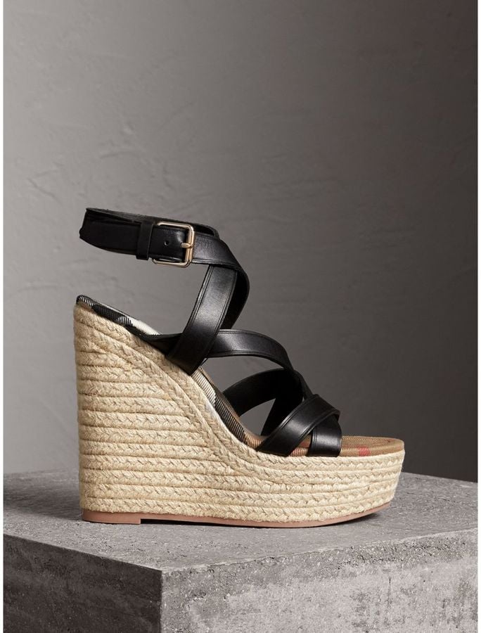 Burberry Leather Platform Espadrille Wedge Sandals