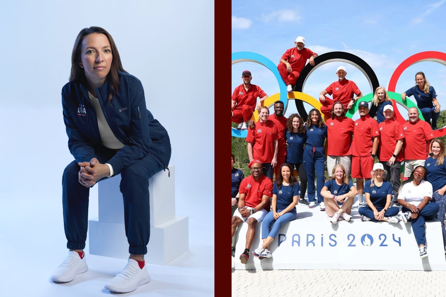 Collage of Amber Donaldson and other healthcare workers at the Paris Olympics.