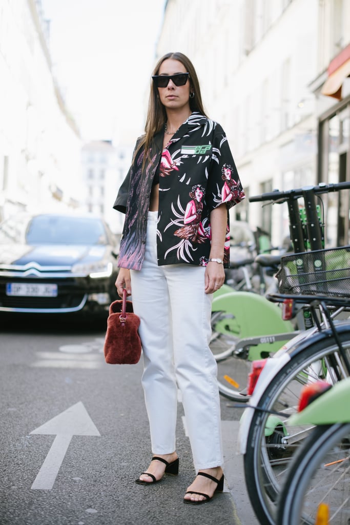 With a Bold-Print Shirt and Strappy Sandals