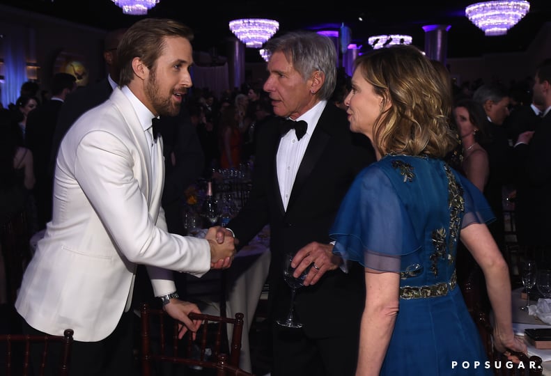 Ryan Gosling shook hands with Harrison Ford as his wife, Calista Flockhart, looked on.