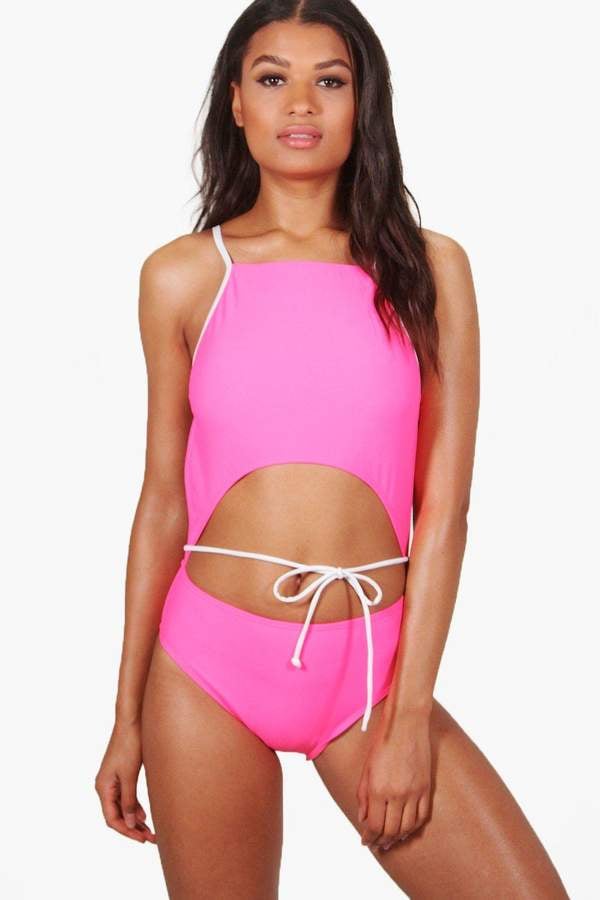 Boohoo Goa Cut Out Tie Waist Swimsuit Lea Michele Pink Spiritual
