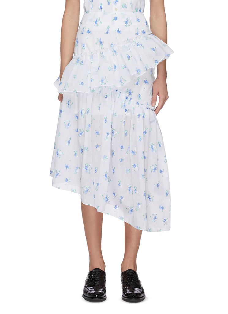 Ming Ma Floral Embroidered Asymmetric Hem Ruffle Skirt