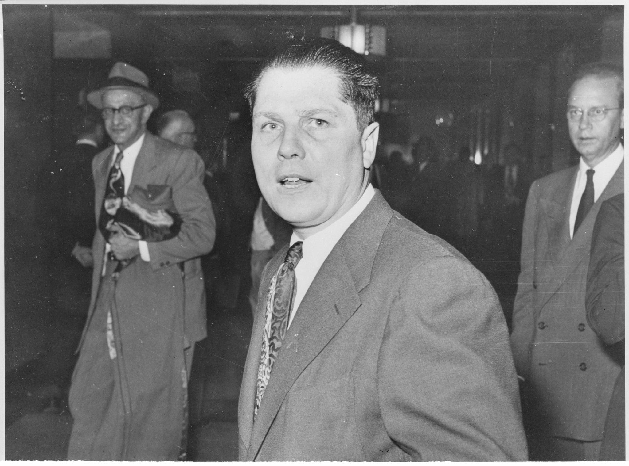 (Original Caption) F.B.I. arrested James Hoffa here March 13, 1957 (shown here in a 1953 photo), Vice President of the Teamsters Union, on charges of bribery. Hoffa is charged with bribing a New York attorney to secure data from the files of the Special Senate Committee on Racketeering.